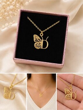 Gold Butterfly Initial D Necklace - Women's Jewelry